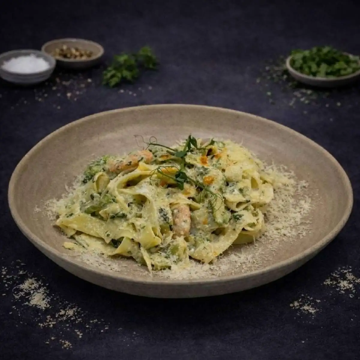 Паста феттучини с креветками в шпинатном соусе