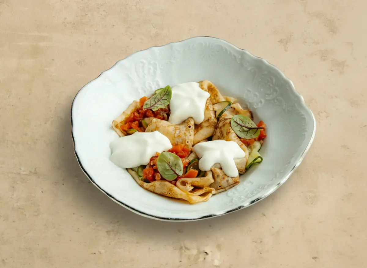 Блины с форелью и муссом из пармезана