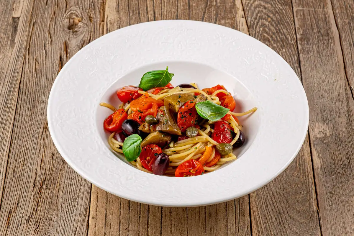 Пост Спагетти с печеными овощами