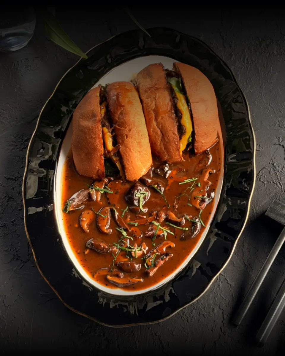 Сплит-бургер с мраморной говядиной, грибами шиитаке,перечным соусом