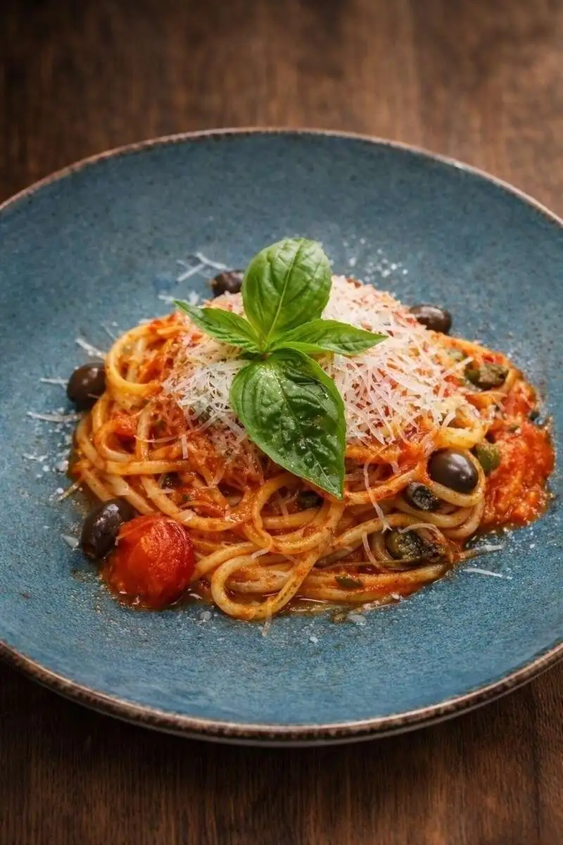 Спагетти с томатами и оливками