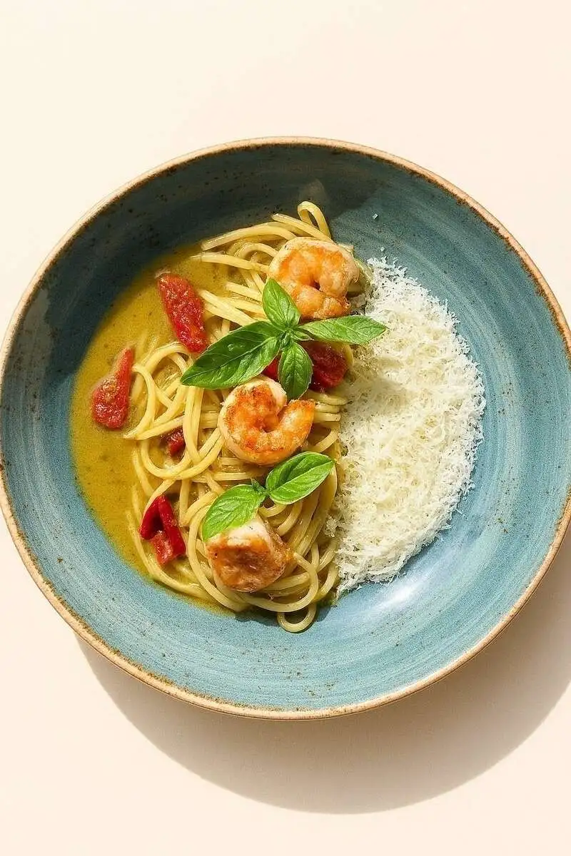 Лингвини в сливочной эмульсии с креветками и вяленными томатами
