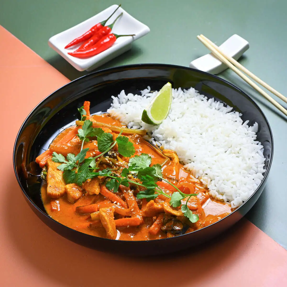 Курица карри с овощами и рисом