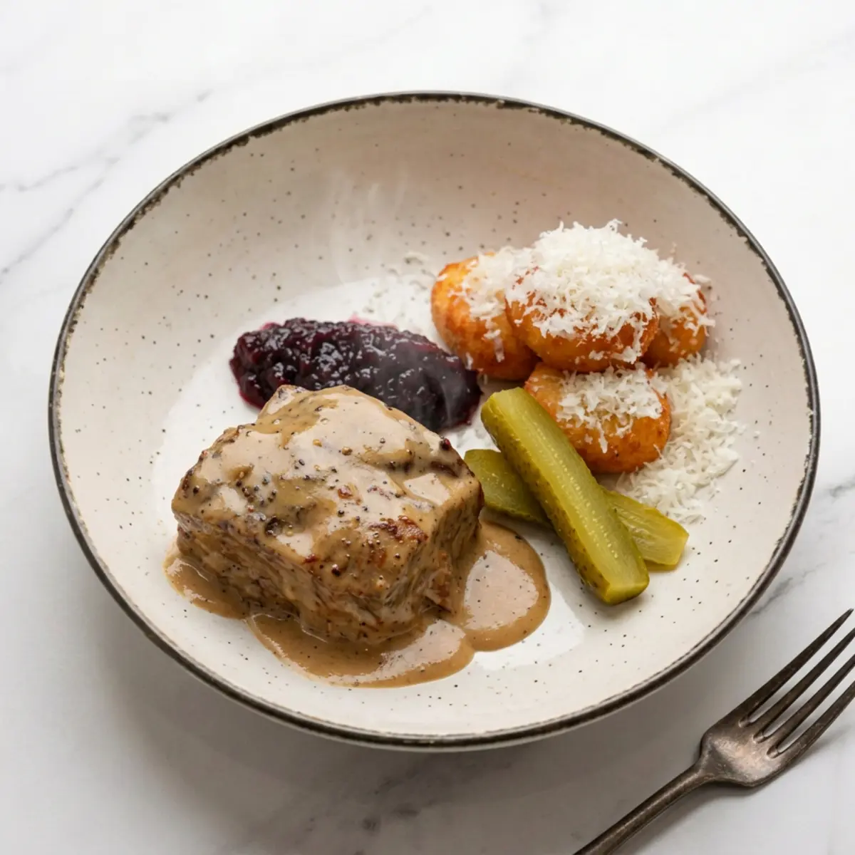 Телячья щека, картофель дофин, перечный соус