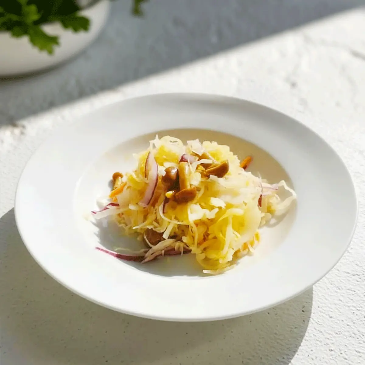 Салат с квашеной капустой, опятами и горчичным маслом