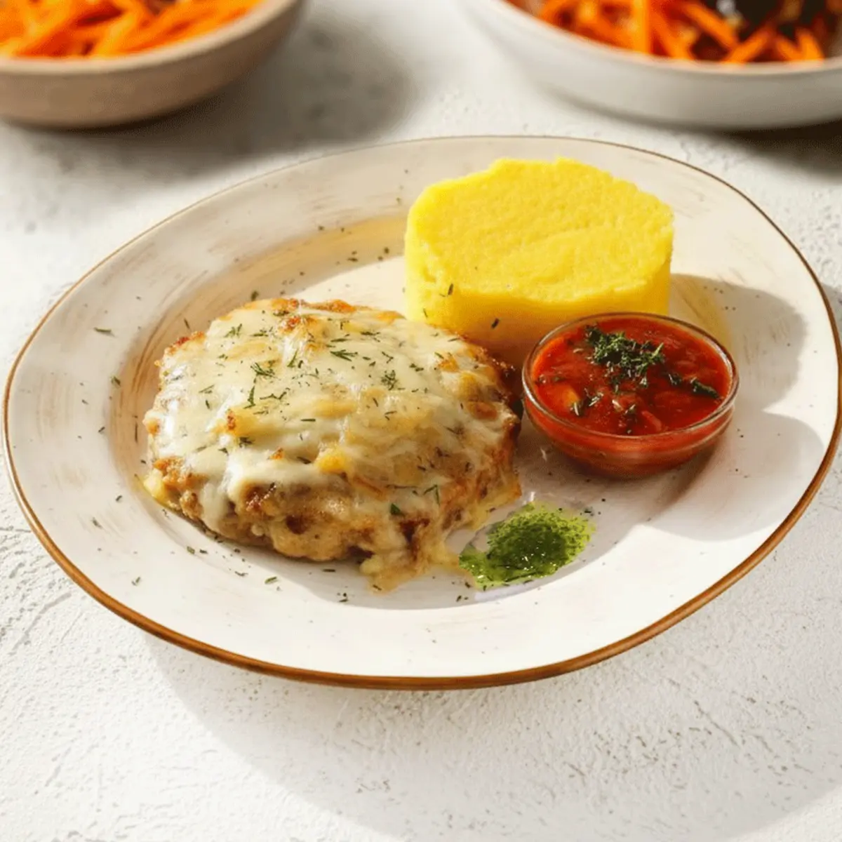 Бифштекс куриный с грибами и картофельным пюре