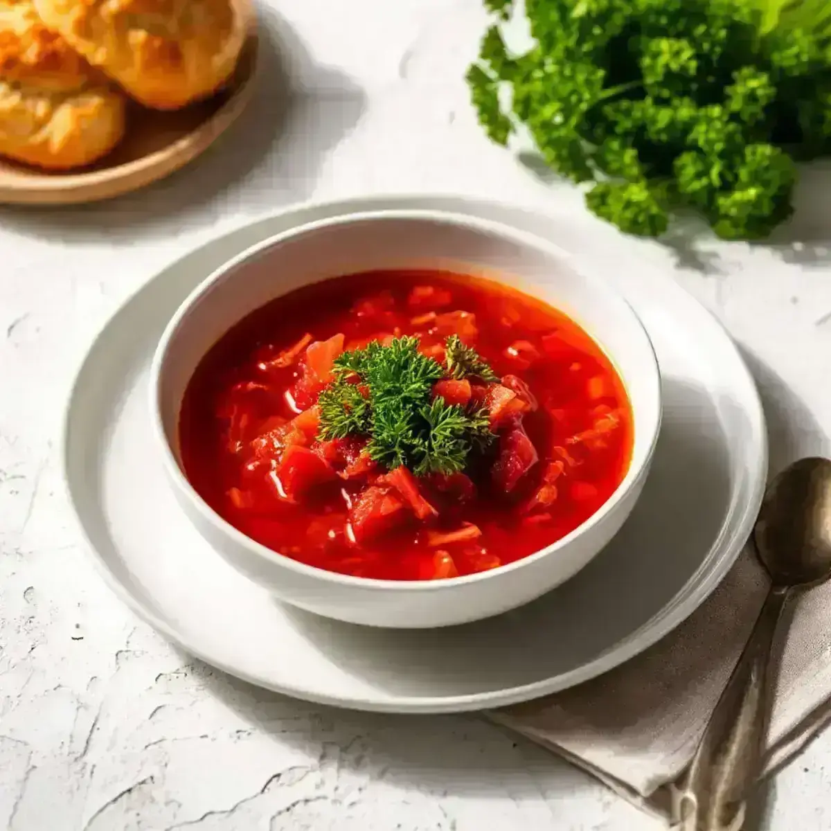 Борщ на говяжьем бульоне с запеченным куриным окороком