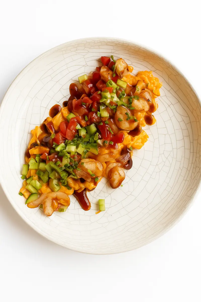 Омлет-скрембл с овощами и креветками