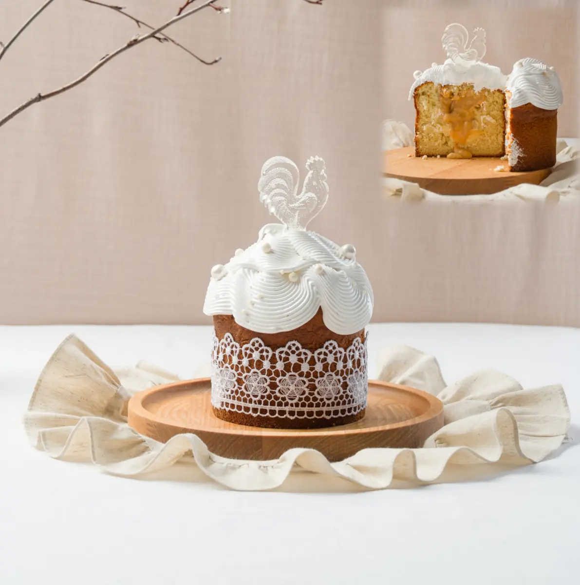 Кулич с соленой карамелью, миндалем, фундуком и заварным кремом