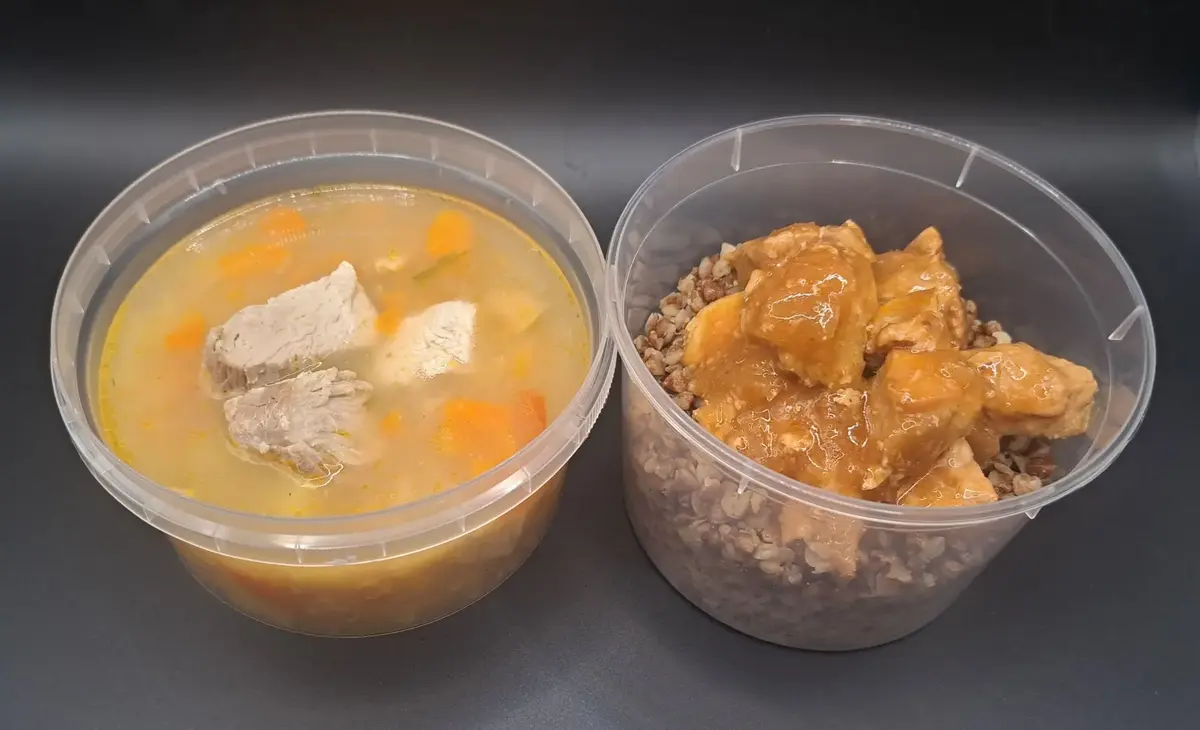 2 Мясной: Чорба со шкварками, Свинина по-грузински с гречей