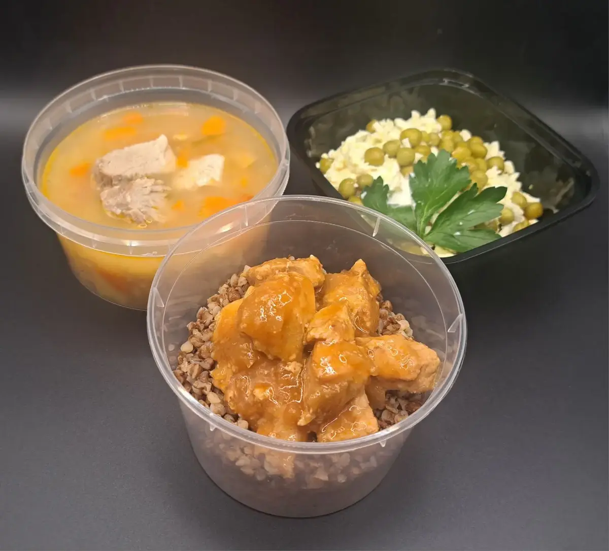 3 Мясной: Оливье, Чорба со шкварками, Свинина по-грузински с гречей