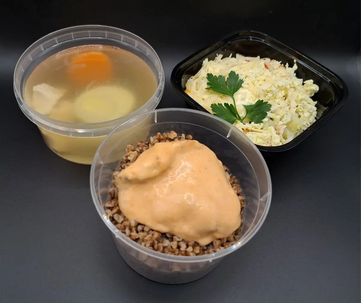 3 Чикен комбо: С яблоком и курицей, Бульон куриный, Курица кимчи с гречей