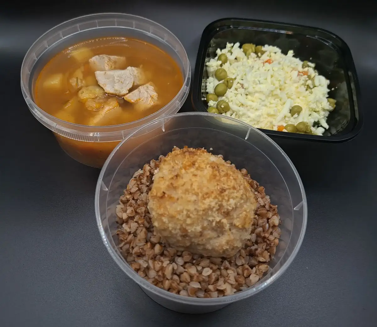 3 Мясной: Оливье, Суп со свининой и нутом, Котлета домашняя с гречей