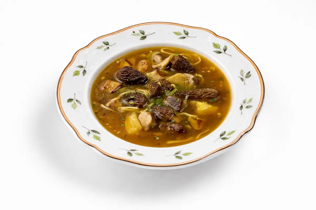 Грибной суп со сморчками и луком-пореем