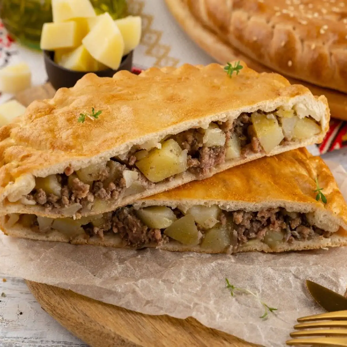 Пирог слоеный с мясом и картофелем