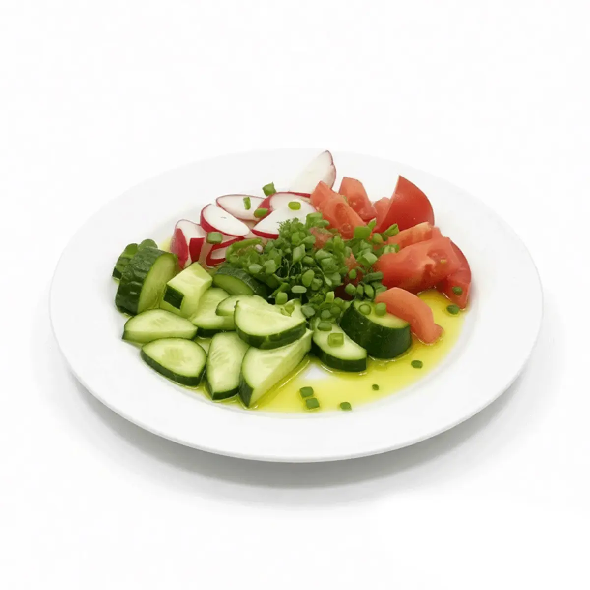 Летний салат из свежих томатов, редиса и огурцов с маслом