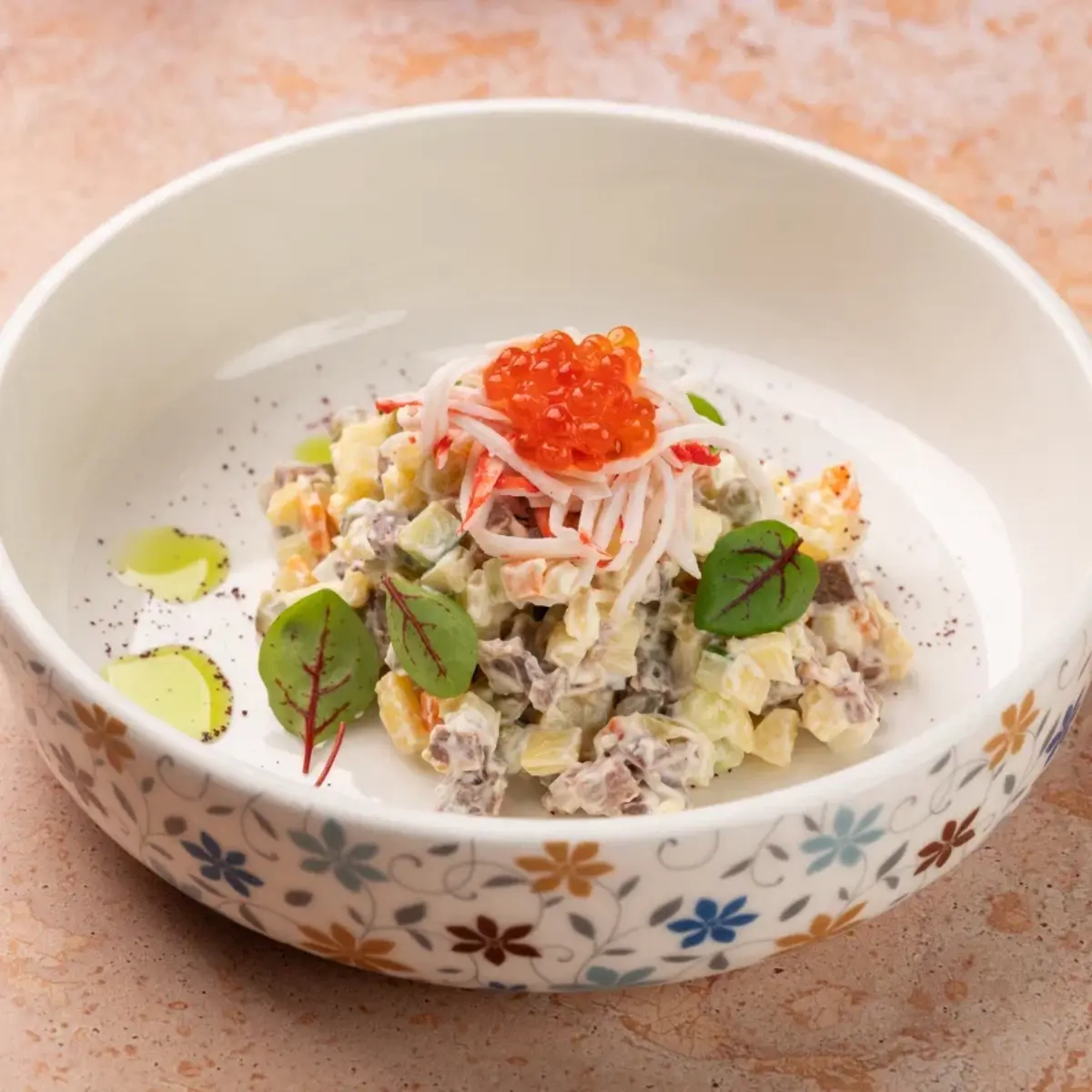 Оливье с телячьим языком и красной икрой