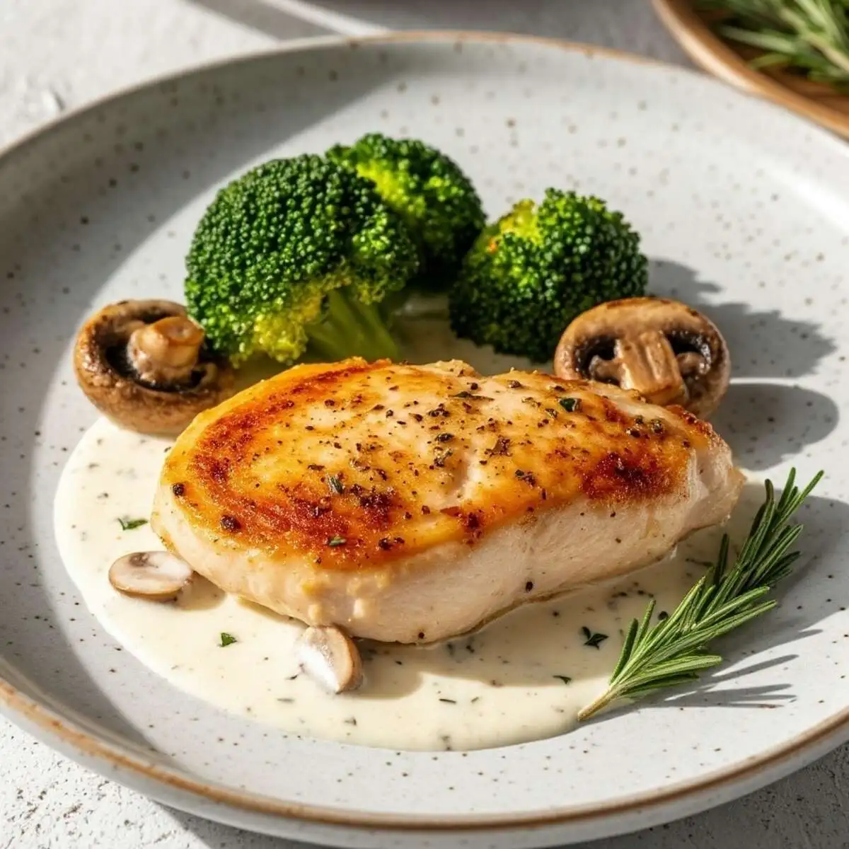 Куриная грудка с шампиньонами в сливочным соусом и брокколи фри