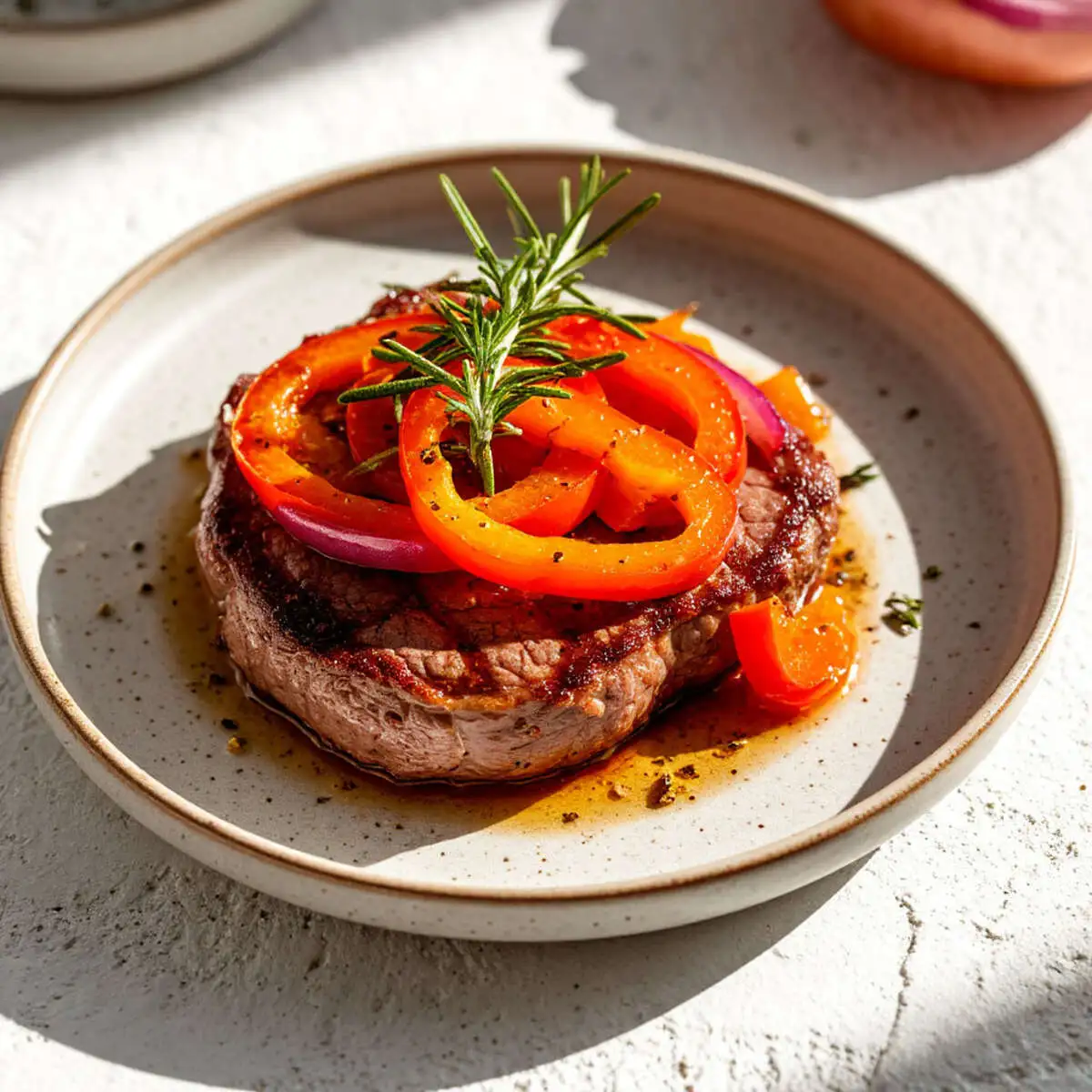 Стейк из свиной шеи со сладким перцем и красным луком