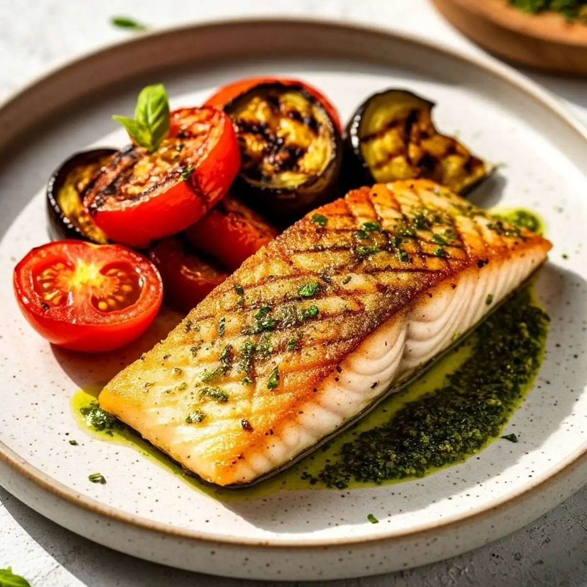 Филе судака с печеными овощами и соусом "Песто"