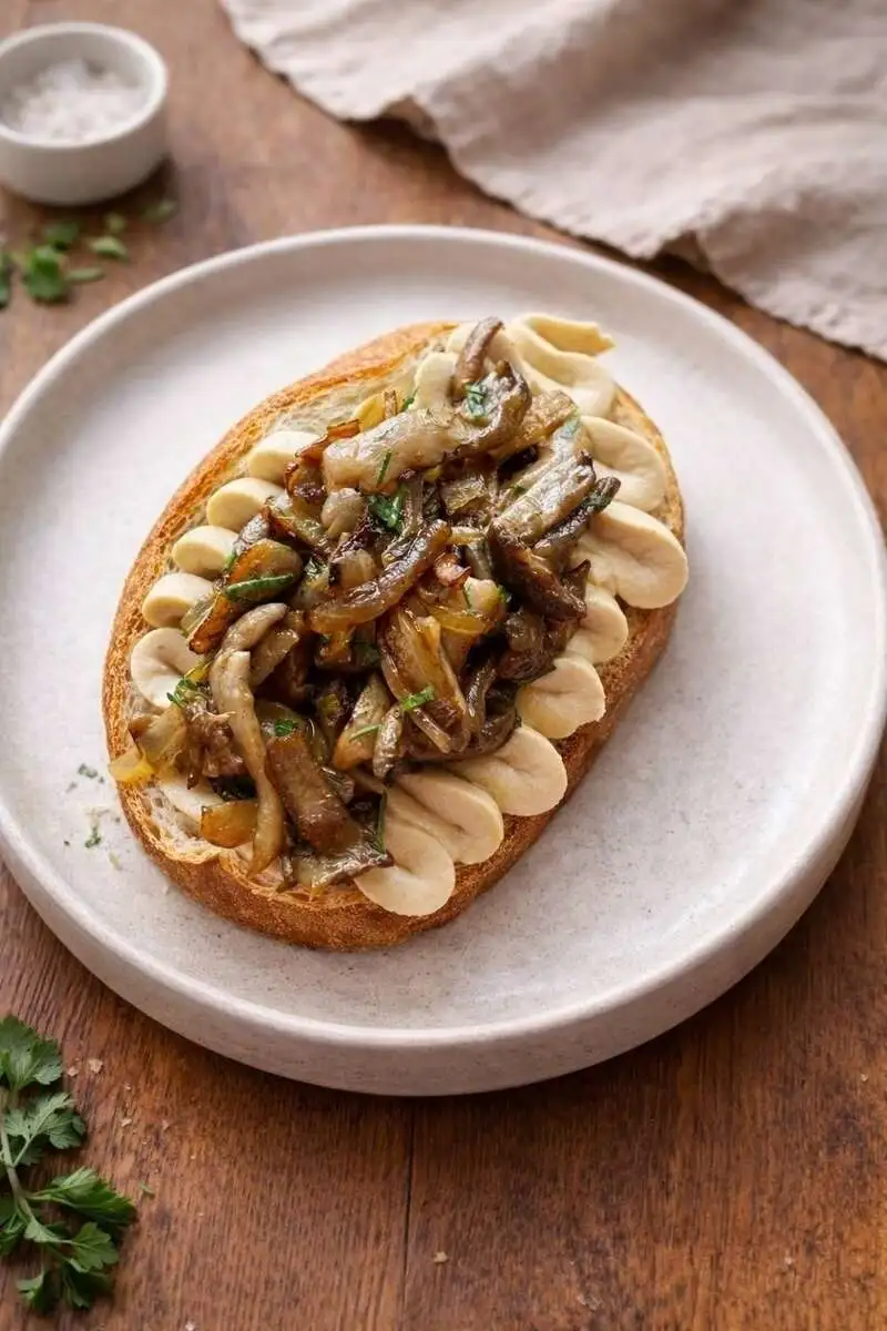 Брускетта с хумусом и жареными грибами