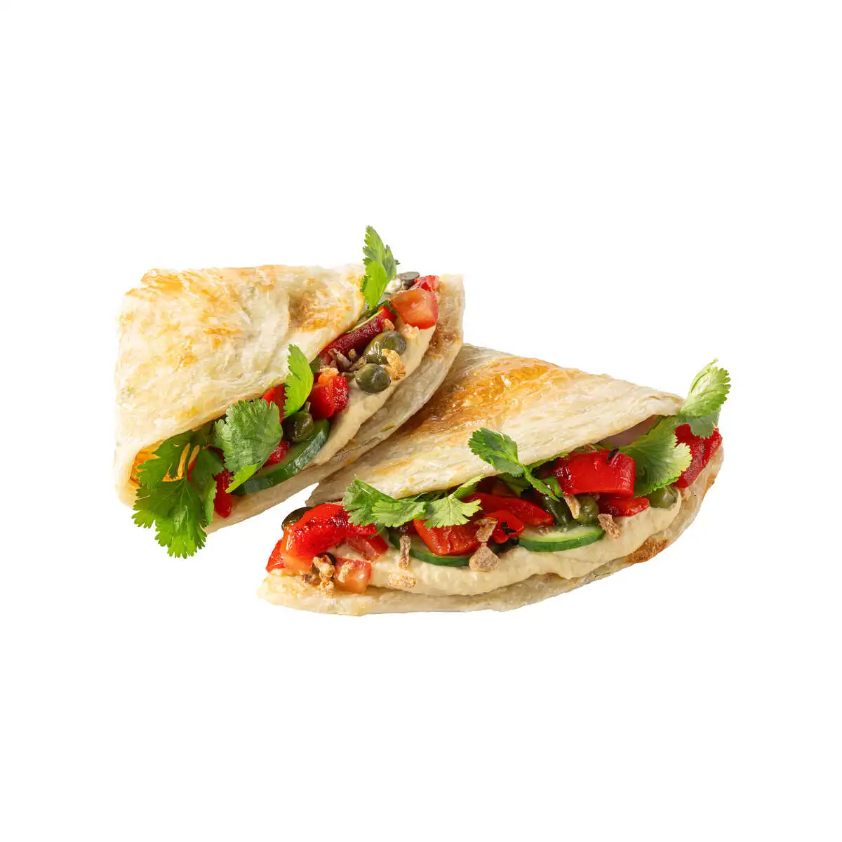 Лепешка роти с хумусом, печеным перцем и овощами