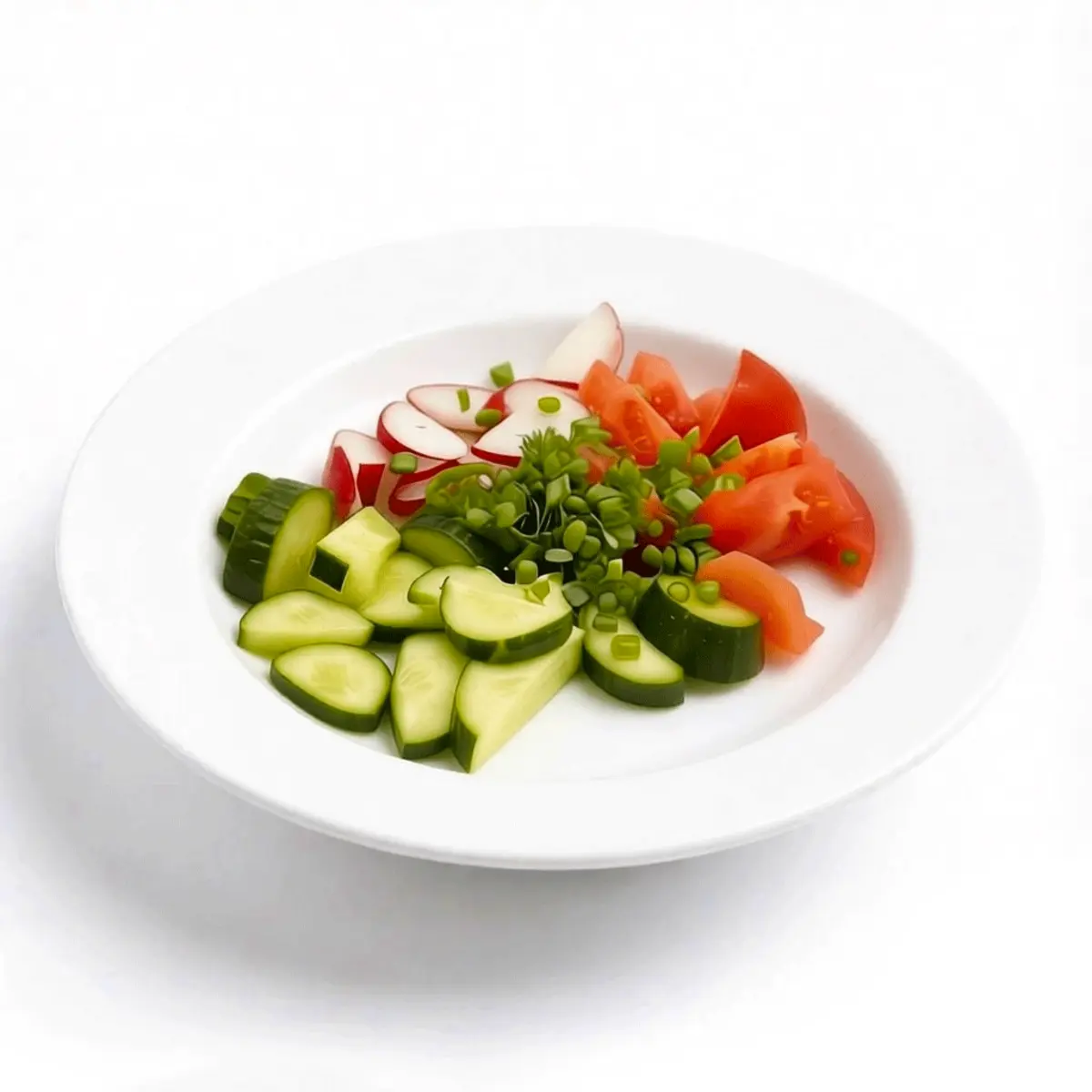 Летний салат из свежих томатов, редиса и огурцов с маслом