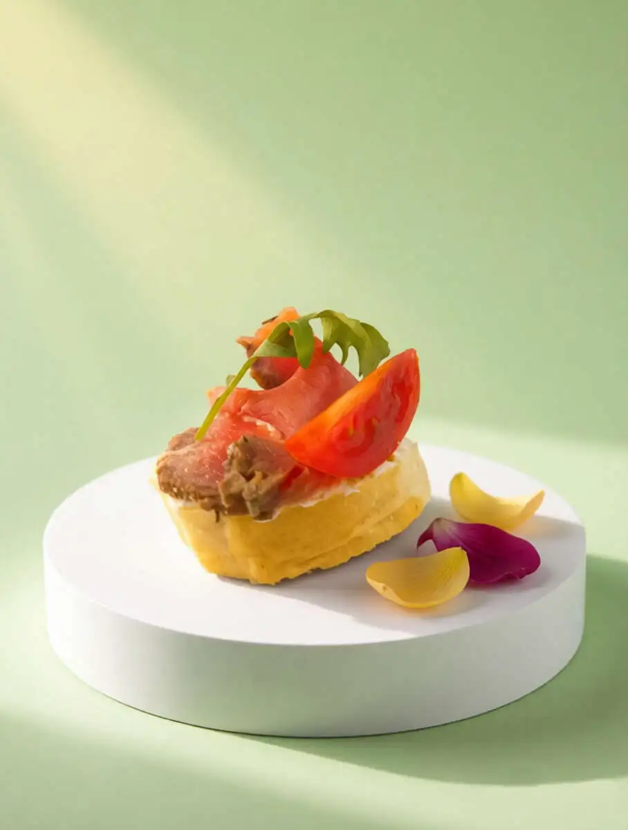 Кростини с говяжьим ростбифом и соусом с анчоусами и каперсами 8 шт.