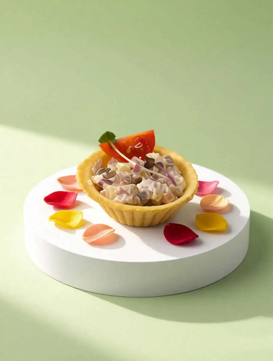 Тарталетки с салатом из буженины, бочкового огурца и красного лука 8 шт.