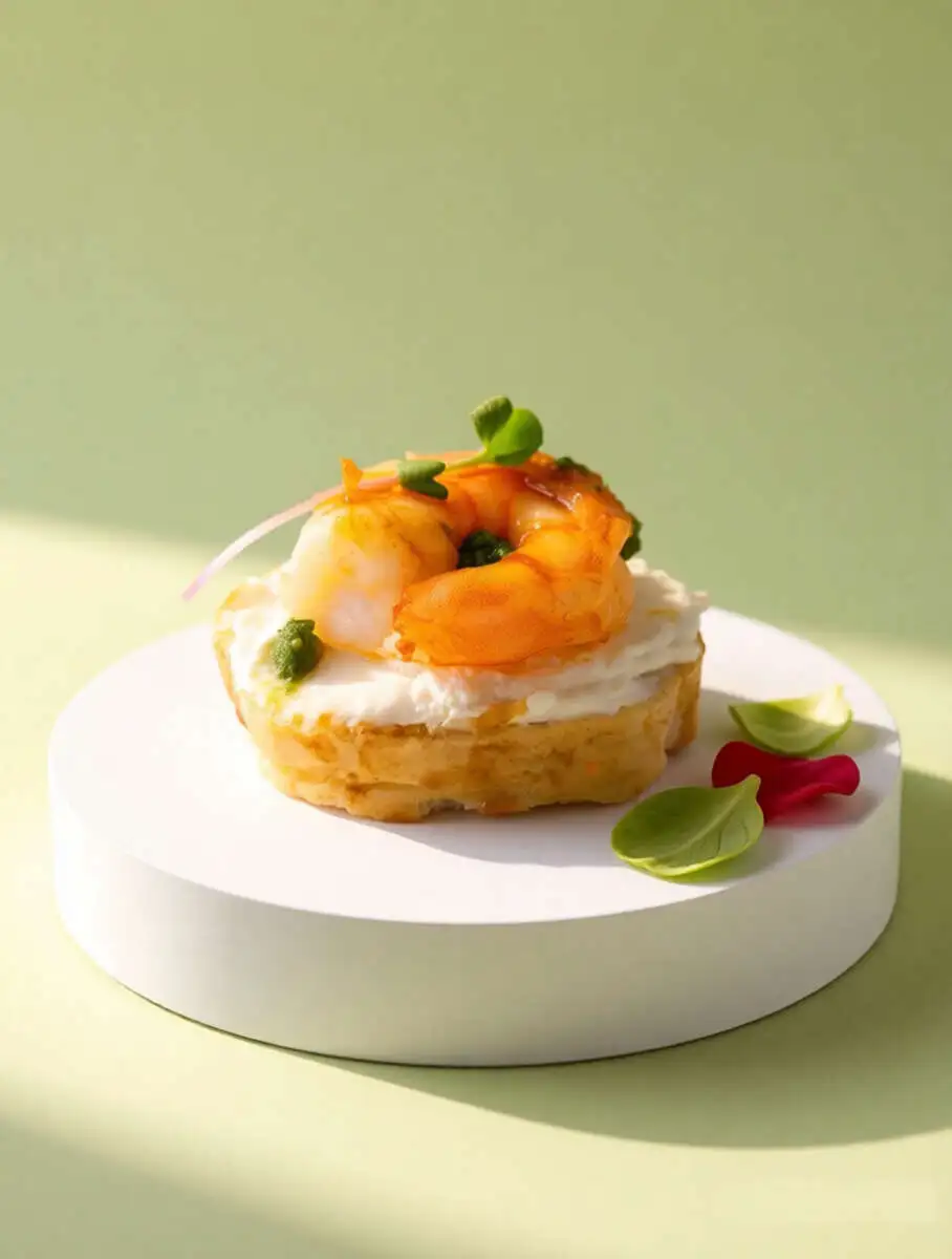 Кростини с тигровой креветкой, творожным сыром и соусом "Песто" 8 шт.