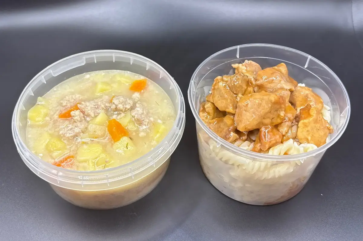 2 Мясной: Картофельный с фаршем, Свинина в кисло-сладком соусе с макаронами