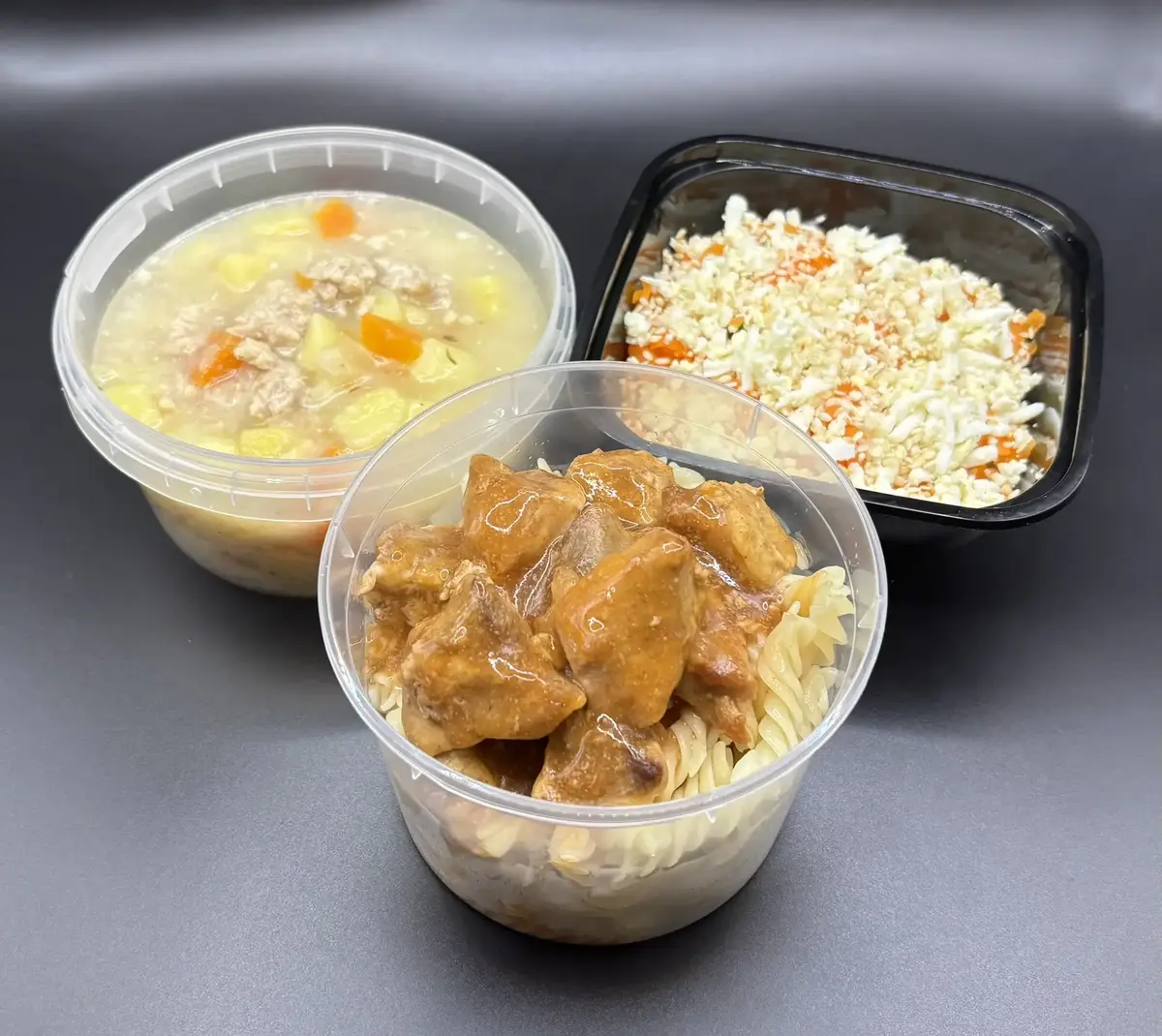 3 Мясной: София, Картофельный с фаршем, Свинина в кисло-сладком соусе с макаронами