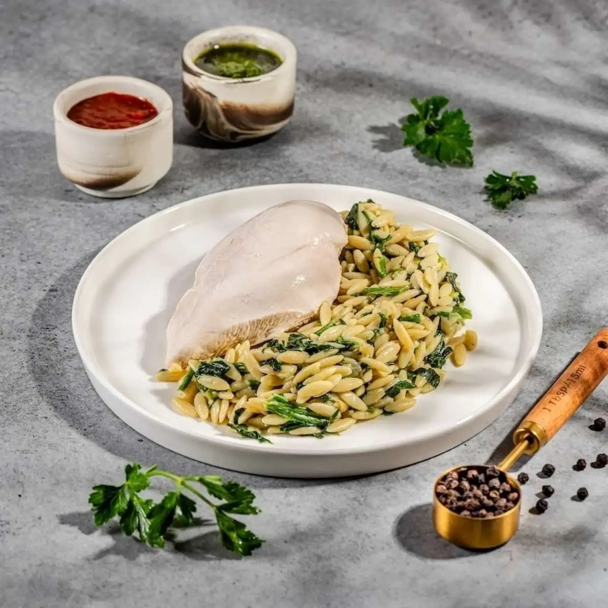 Куриное филе на пару и орзо со шпинатом