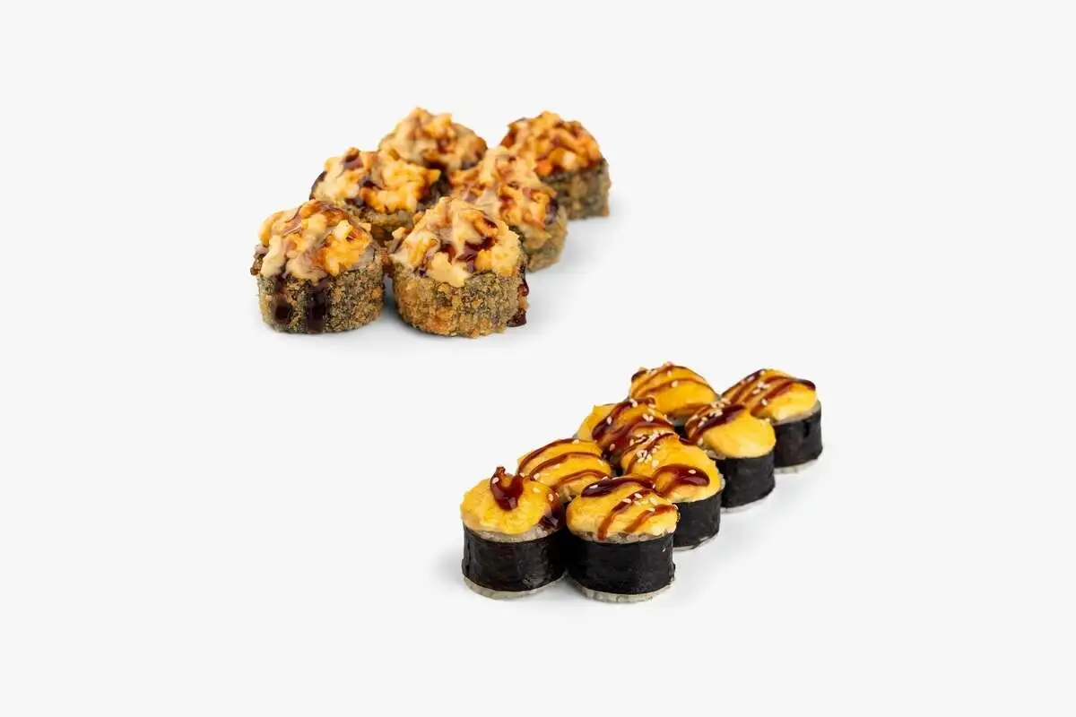 Сет роллов "Золотой союз"(Запечённая креветка,Темпура с шапочкой из краба)