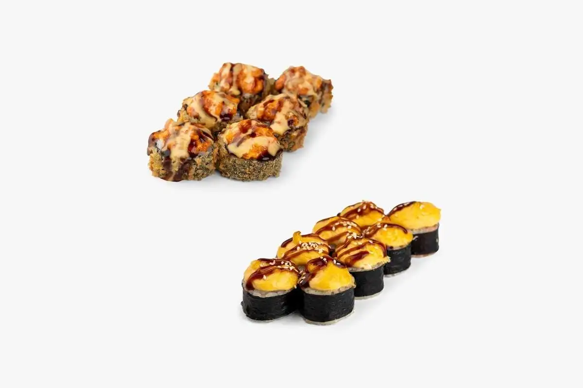 Сет роллов "Огни заката" (Запечённый лосось, Темпура с шапочкой из лосося)