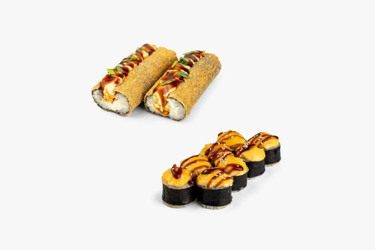 Сет роллов "Солнечный контраст" (Темпура хот-дог краб,Запечённая креветка)