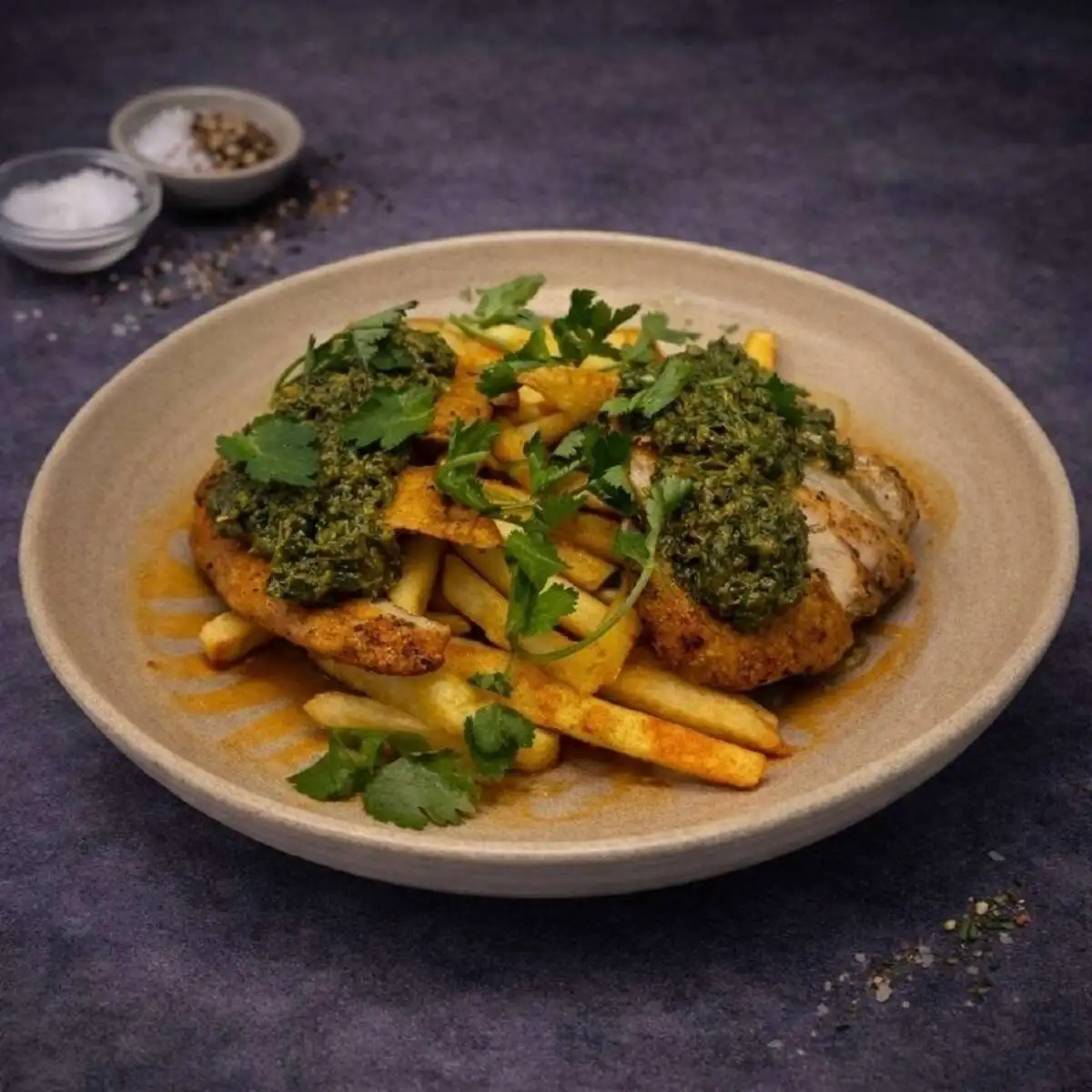 Куриный стейк с картофелем фри с шпинатным соусом