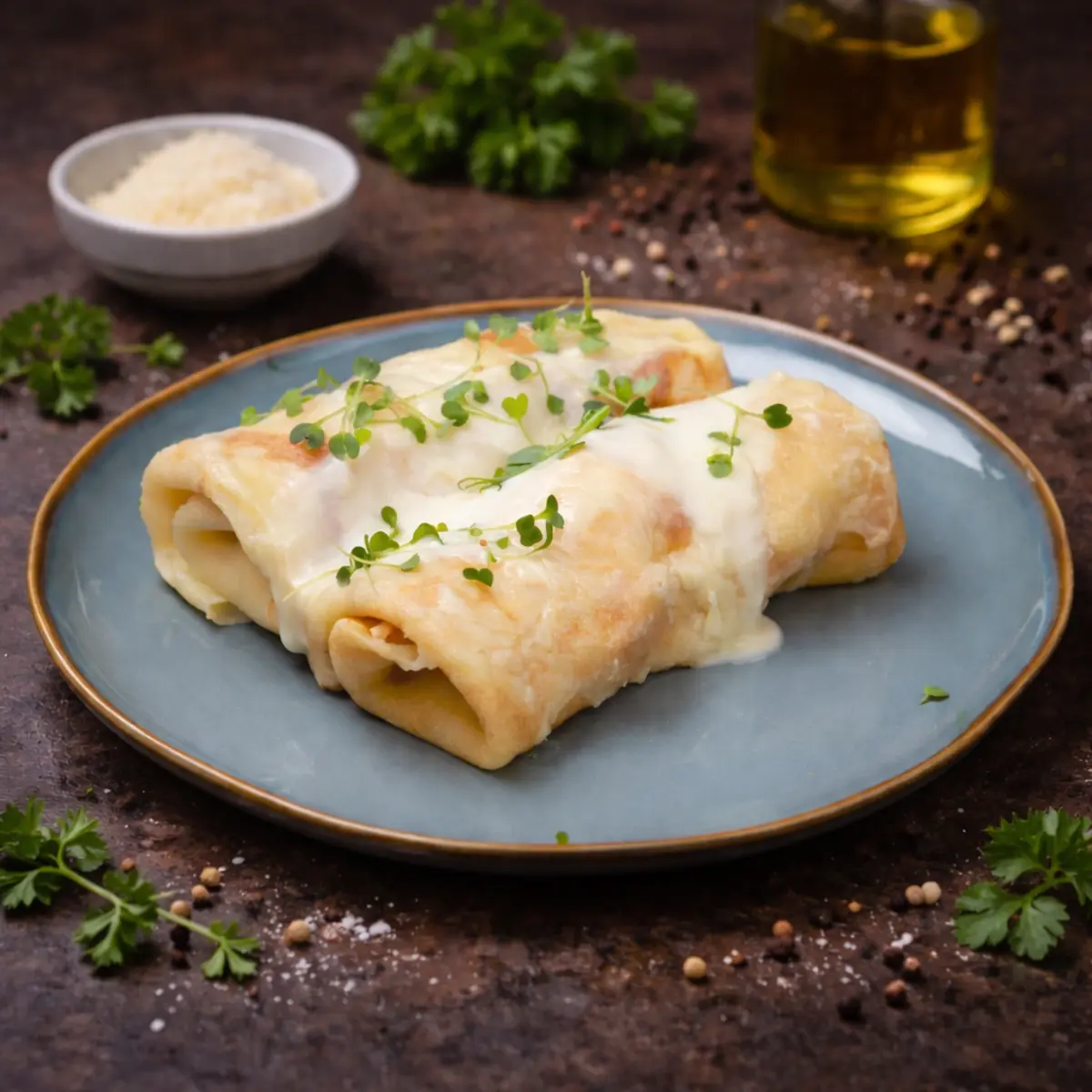 Блины с копченой курицей, сыром и грибами