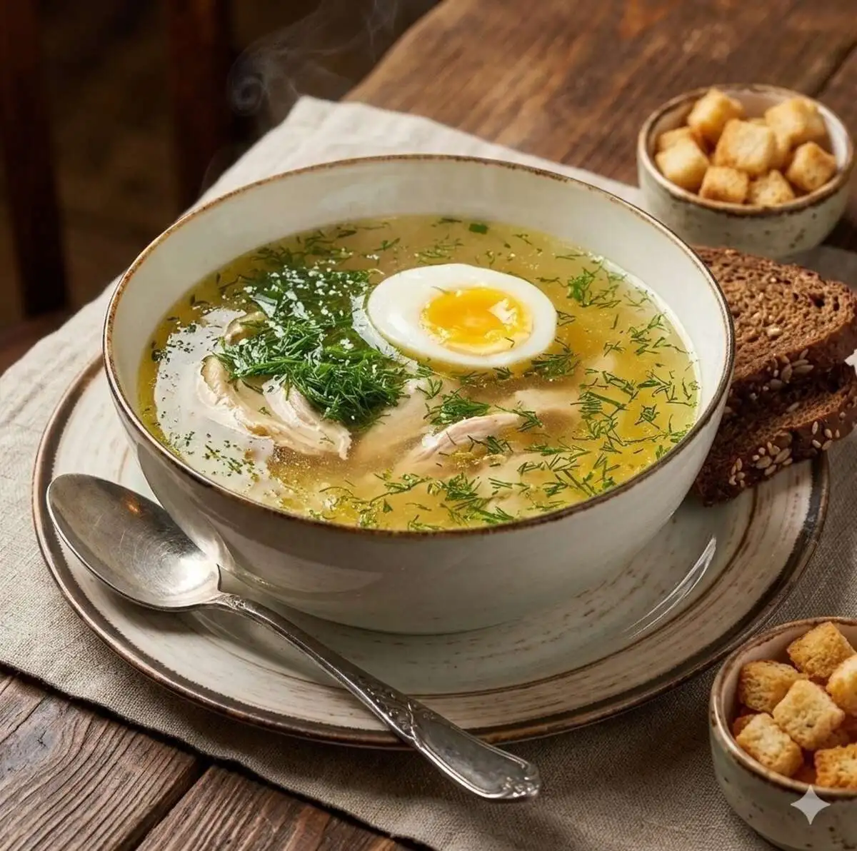 Куриный бульон с яйцом и зеленью