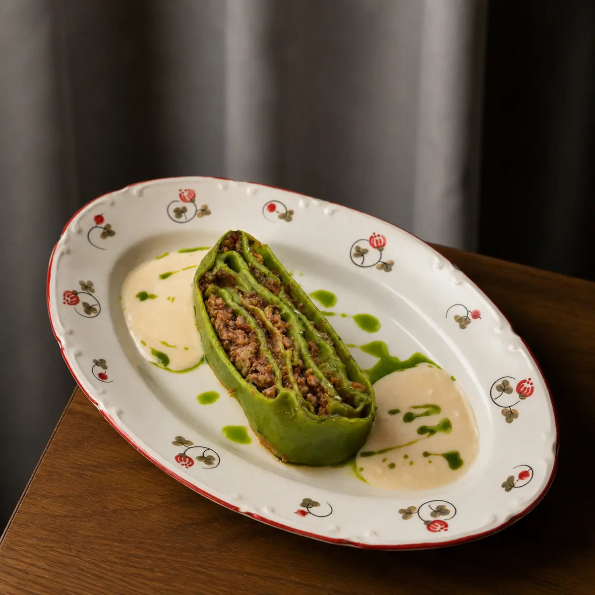 Зеленая лазанья с куриным болоньезе
