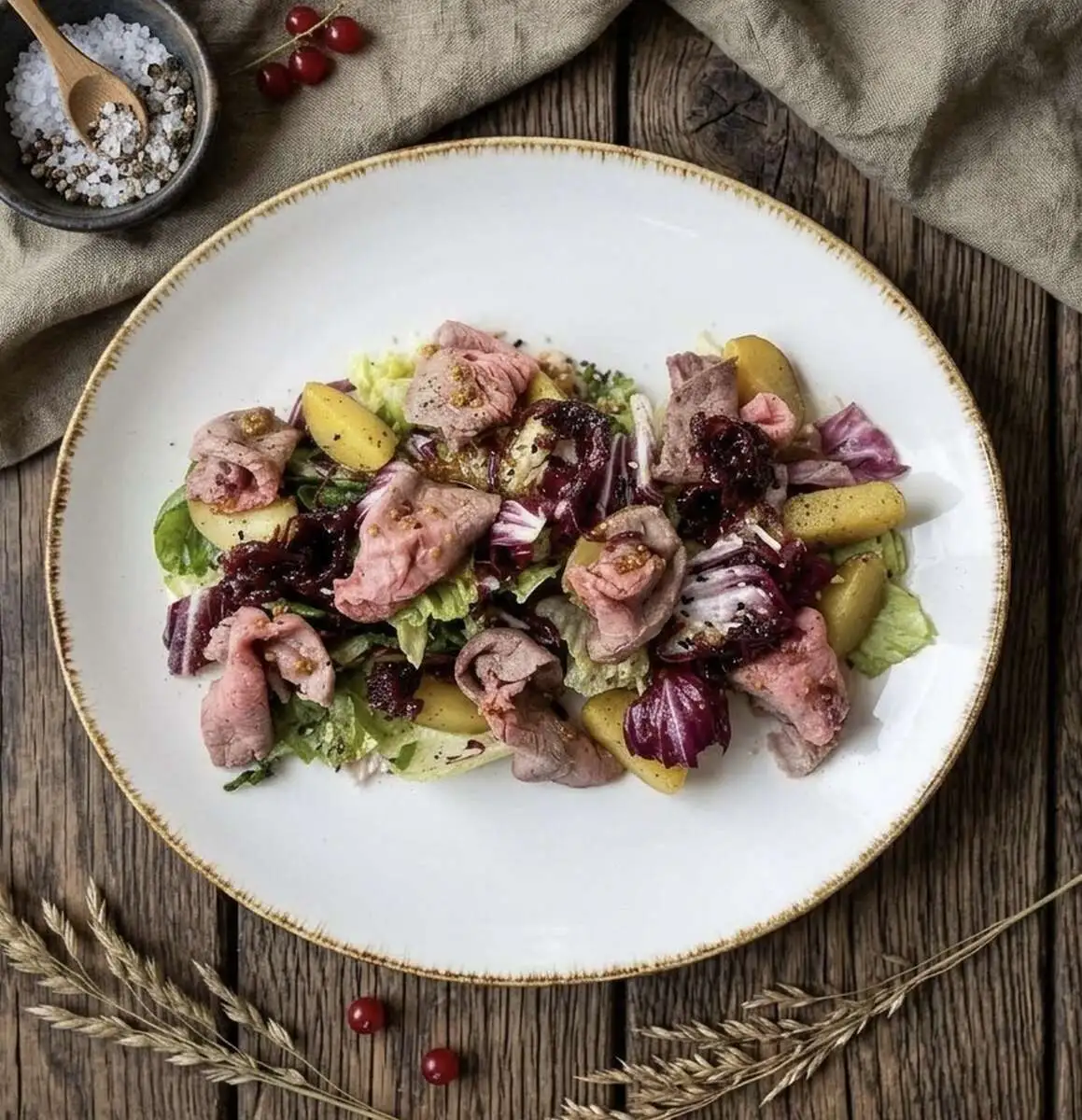 Микс салат с ростбифом, луком конфи, картофелем и черным кунжутом