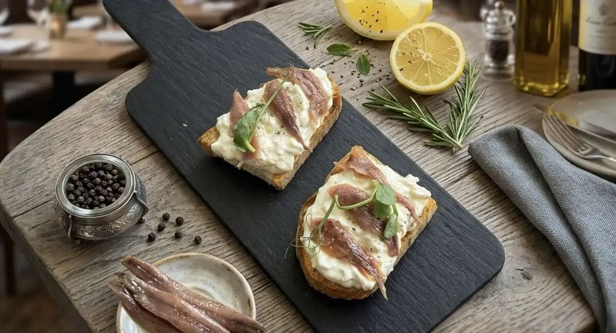Брускетта со страчателлой и анчоусами 