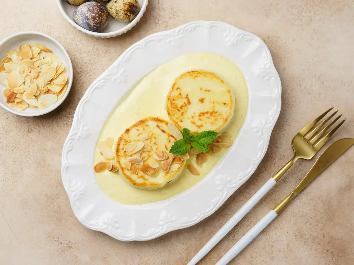 Сырники с апельсиновым курдом и миндалем