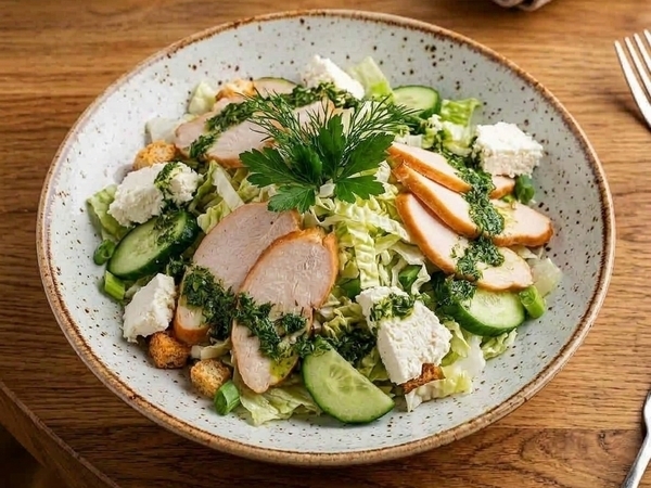 Салат с курицей под ольховым дымком и адыгейским сыром
