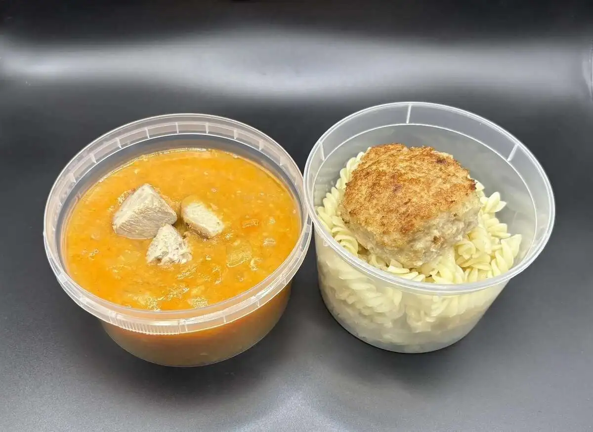 2 Мясной: Томатно-гороховый, Котлета домашняя с макаронами