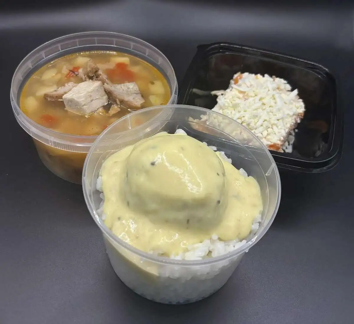 3 Мясной: С ветчиной и грибами, Картофельный с болгарским перцем, Тефтеля в сливочном соусе с рисом