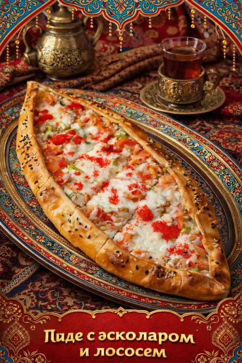 Пиде с эсколаром и лососем с икрой летучей рыбы