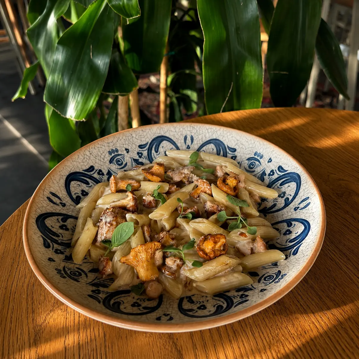 Пенне с форелью и лисичками