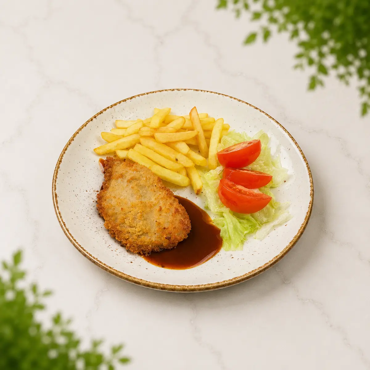Куриная грудка в хрустящей панировке с картофелем фри и салатом микс