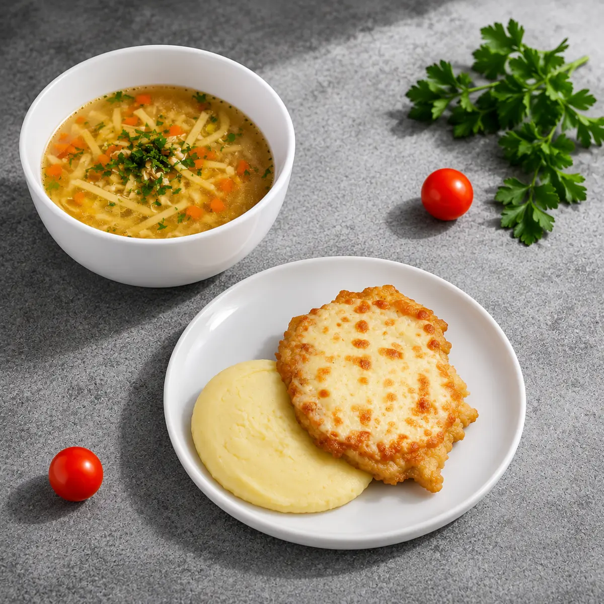 Суп-лапша, отбивная с сыром и картофельное пюре 
